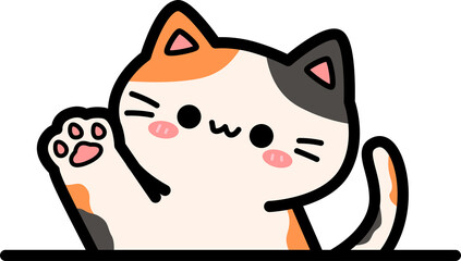 Cute cartoon calico cat waving hello, Kawaii cat greetings, Handdrawn doodle kitty wave paw © ciaoaleandro