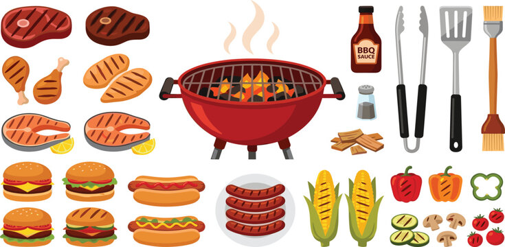 Professional summer barbecue vector icon set featuring charcoal kettle grill, grilled steaks, burgers, hotdogs, salmon, corn, vegetables, and essential bbq cooking tools for backyard parties.