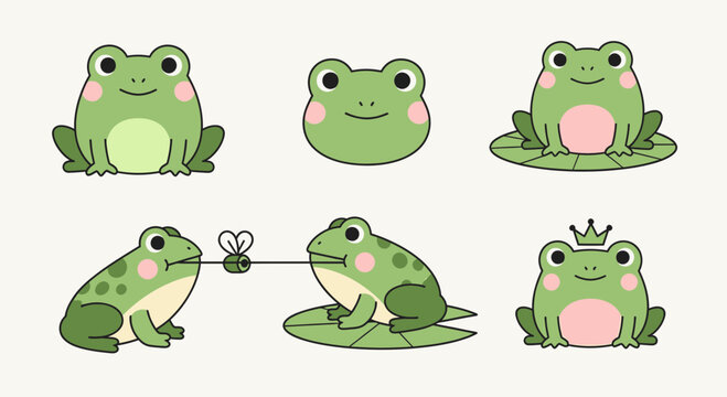 Cartoon green frogs in various poses.