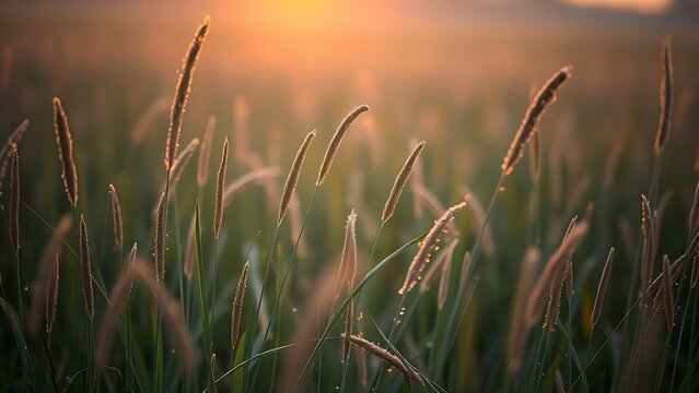 Kentucky prairie at dawn with dewy bluegrass stems swaying in the breeze.