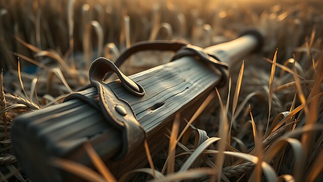 An old, worn flail discarded in a wheat field with textured wood and leather.