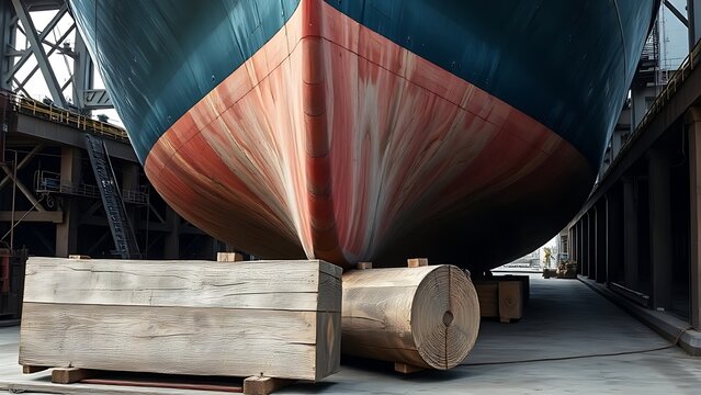 Massive wooden ship chock supporting a hull in a dry dock, industrial maritime setting.