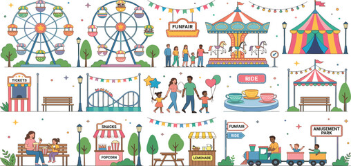 Vibrant amusement park set with ferris wheel, carousel, roller coaster, circus tent, carnival games, food stalls, and happy families enjoying funfair activities vector. © MDRIFAT