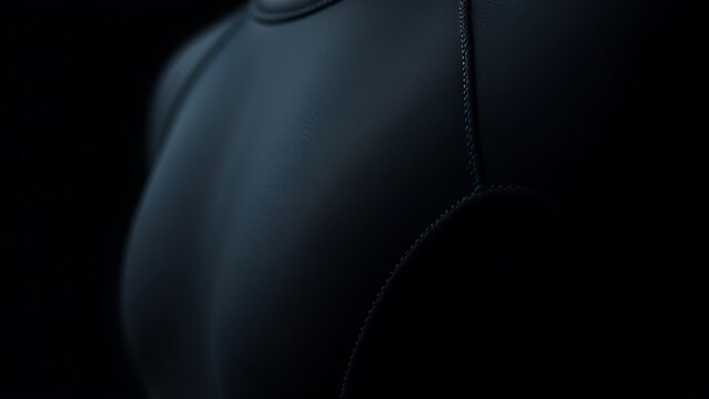 Close-up detail of a black wetsuit showing smooth rubber texture and stitching.