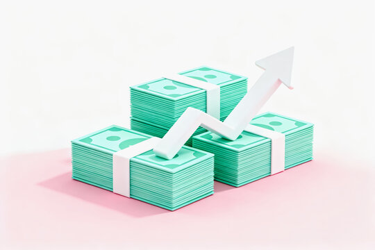 3D rendered financial growth with stacked cash and upward arrow