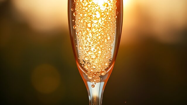 Bubbles rising in champagne flute, backlit by golden hour light.