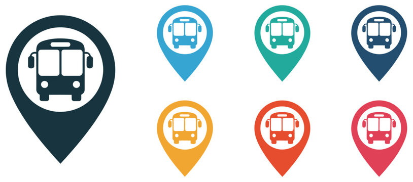 Bus concept vector icon set, transportation and public transit symbols, bus with location map marker icons, clean modern isolated design for navigation and travel apps.