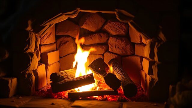 A cozy stone fireplace with a crackling fire illuminating the rustic wall.