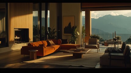 Naklejka premium Living room interior featuring a warm orange sofa, working fireplace, and panoramic mountain view through large windows, capturing soft sunset light for a serene and luxurious atmosphere