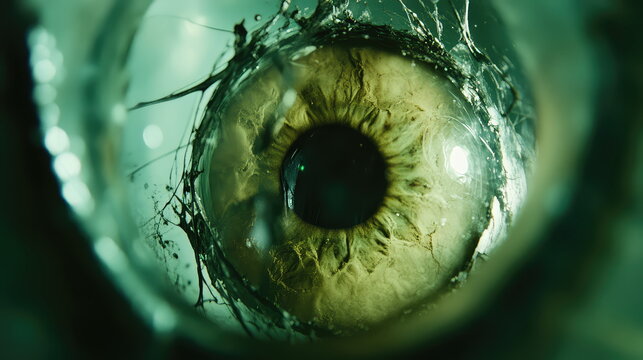 Alien eye displaying a detailed green and brown iris with a dark pupil, surrounded by mysterious, organic, dark, slime like tendrils emerging from a transparent, glassy surface