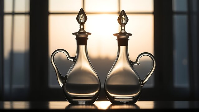 Two glass cruets in silhouette against a backlit window.