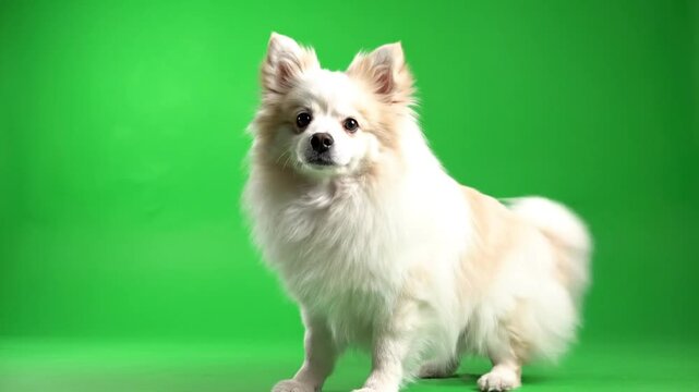 Cute white and tan Pomeranian dog sitting and looking at the camera against a green background