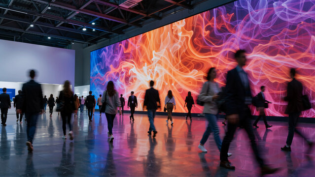People walking in front of a large digital display