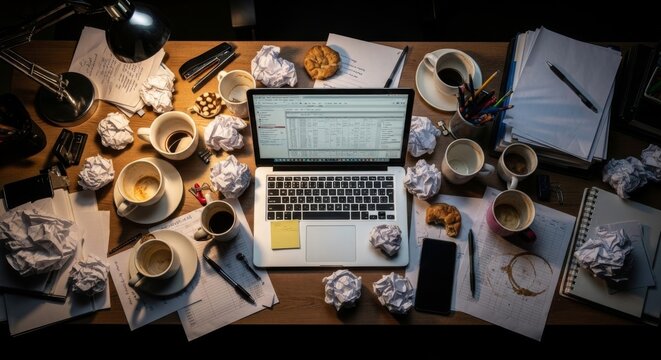 Messy Desk with Laptop and Scattered Papers