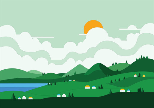 Flat vector landscape illustration with green hills, small houses, and clouds