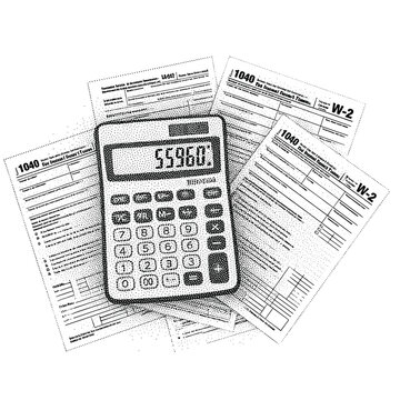 Calculator and tax forms 1040 and W-2 for financial planning and tax season