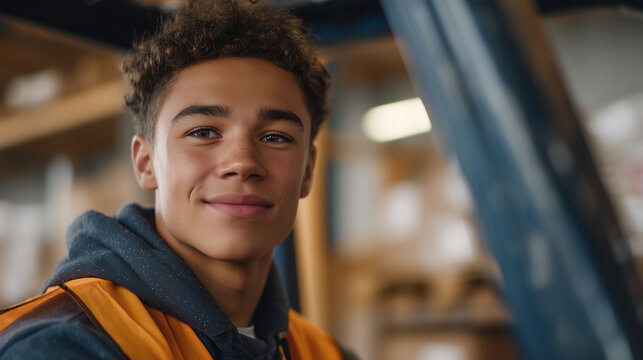 High school student in safety vest shadowing warehouse supervisor operating forklift, logistics apprenticeship program, career pathway, vocational training, supply chain workforce development, youth