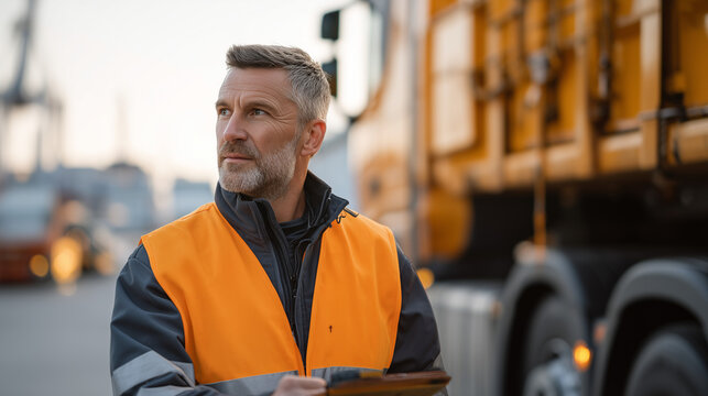 Freight security supervisor installing GPS tracking device beneath articulated truck chassis in industrial yard at dawn, cargo theft prevention, logistics safety, transportation crime deterrent, fle