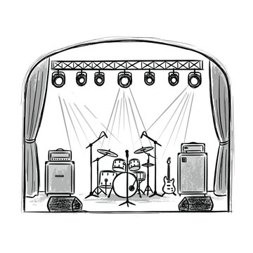 Live music stage setup with drum kit, guitar, amplifiers, and spotlights