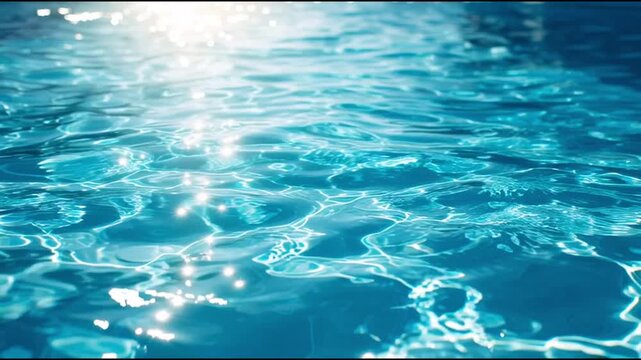 Swimming Pool Water Surface with Sunlight Reflections and Sparkling Ripples. Travel, wellness, beauty, and summer concepts. Website background and header.