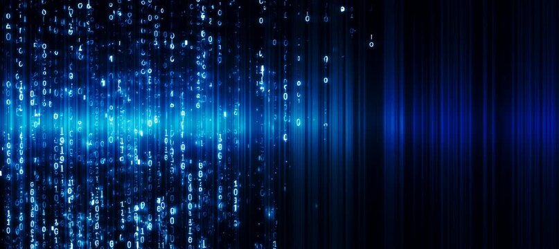 Binary number data flow. Artificial intelligence digital system. Generative video AI technology.