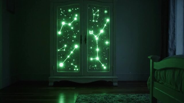 White armoire with glow in dark constellation prints, illuminated celestial wooden wardrobe, cozy night bedroom furniture, peaceful modern decorative interior, mysterious astrology star pattern