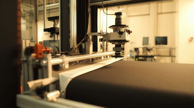 Automated laser cutting machine fabricating black fabric