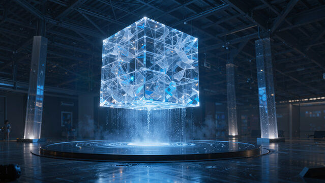 Holographic cube suspended above a futuristic platform