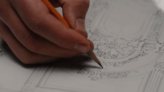 Close up of pencil drawing wooden design details