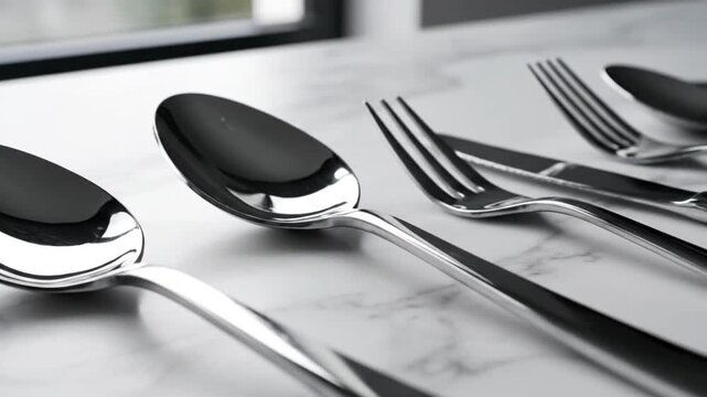 Polished silver spoons and forks on white marble surface