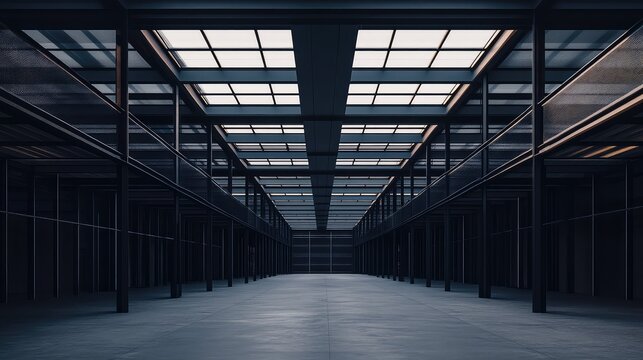 Empty industrial building interior featuring a modern metal structure, concrete floor, and large skylights, creating a sense of vast space and contemporary architecture
