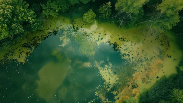 Aerial View of Algae-Covered Forest Pond
