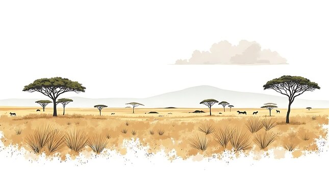 Sunny African Savanna Landscape with Acacia Trees and Grazing Animals