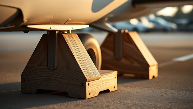 Wooden wheel chocks placed securely against a large aircraft tire.