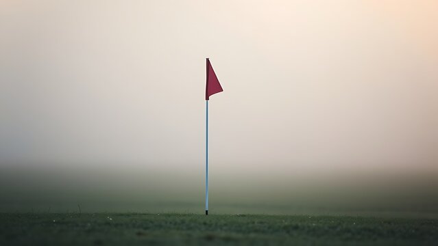 Single golf flagstick in morning fog with triangular flag moving on dewy grass.