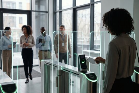 Female Employee Tapping Access Card on Biometric Turnstile Gate Reader in Modern Office Lobby with Corporate Workers Identity Access Management