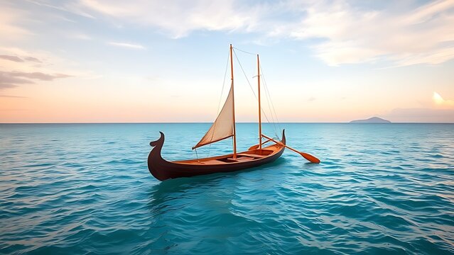 Traditional Polynesian canoe sailing on calm turquoise ocean, outrigger visible.