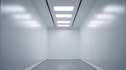 Fototapeta premium Empty sterile cleanroom corridor with bright ceiling lights