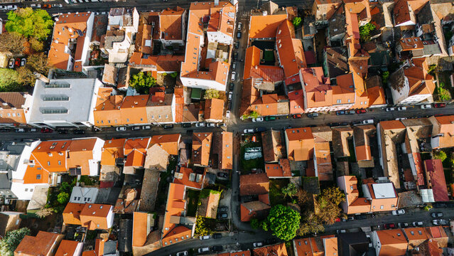 Aerial view of the historic Zemun district with its characteristic orange rooftops and narrow streets in Belgrade, City of Belgrade, Serbia.