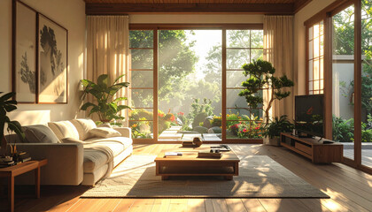Fototapeta premium Sunlit Modern Living Room with Large Garden Windows.