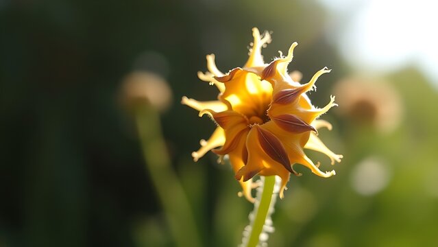 Mature, dried rapeseed silique splitting open in sunlight, revealing tiny seeds inside on the plant stem.