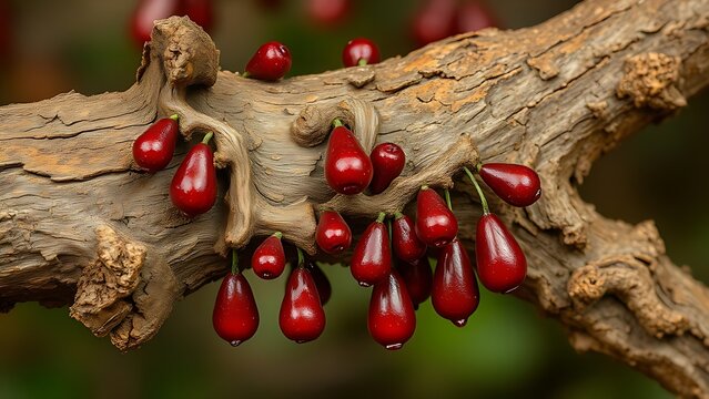 Gnarled myrrh tree branch with deep red resin droplets, close-up.