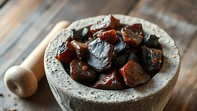 Dark brown myrrh resin pieces in a stone mortar with pestle.