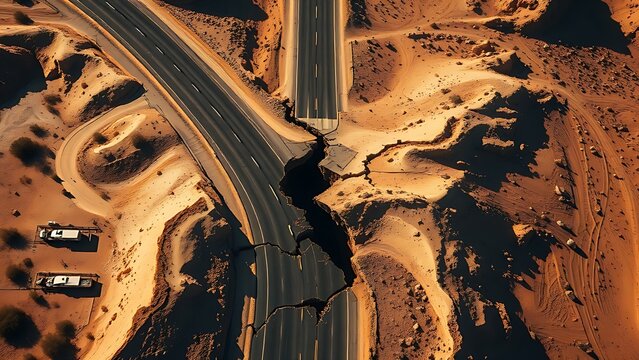 Aerial view of a cracked desert highway with severe lateral dislocation.