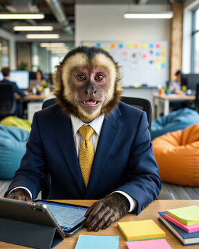 Professional photorealistic portrait of a capuchin monkey in a navy business suit sitting at a tech startup desk with tablet and blurred vibrant open-plan background