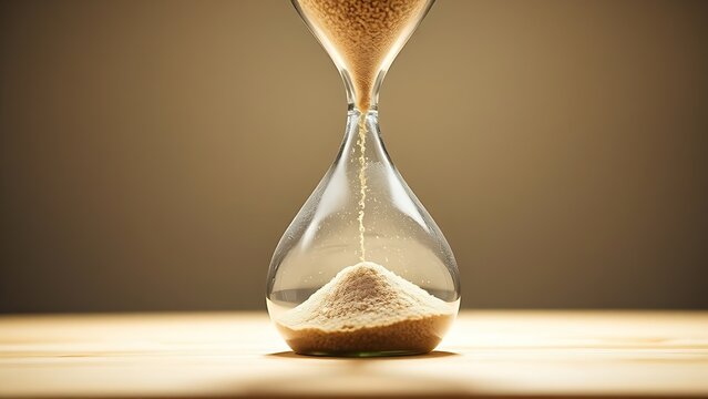 An hourglass with the last few grains of sand falling.