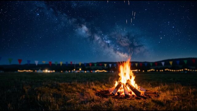Festive bonfire burning in open field under stunning Milky Way starry night sky with colorful triangle bunting flags in background

