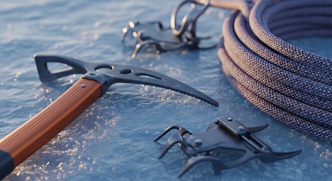A professional ice axe and mountain crampons set arranged on a frozen glacier surface with climbing rope for a pinnacle tripper preparing for adventure.