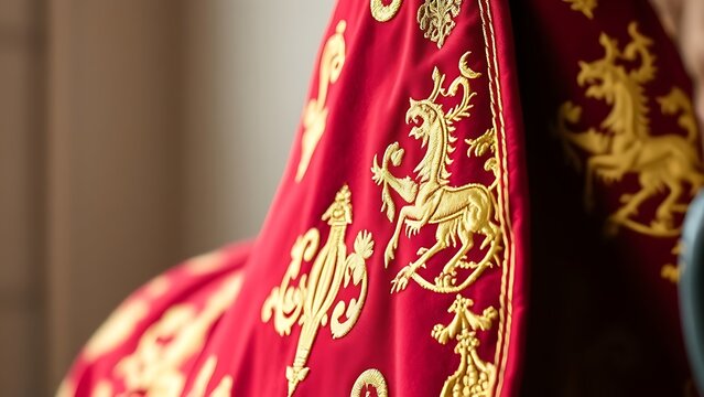 A close-up of a deep crimson horse caparison richly embroidered with intricate golden heraldic crests.