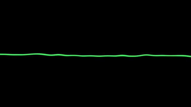 Single glowing green line pulses softly across a black background. This line remains steady and smooth throughout. The video is minimalist